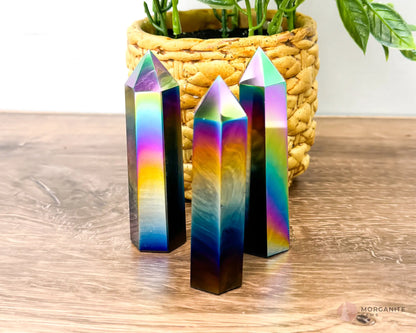 Obsidian Obelisk Point Tower Black Rainbow Plated - Morganite Gems