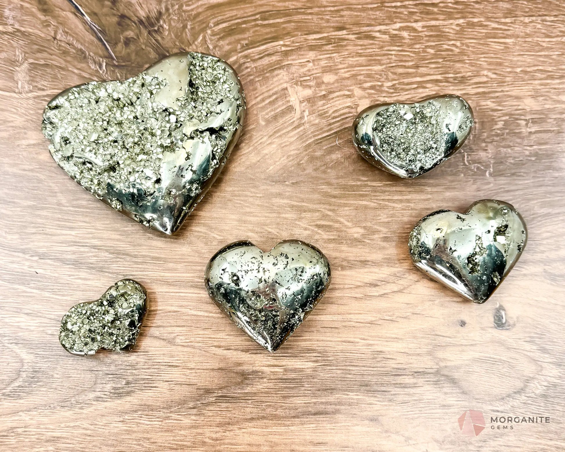 Pyrite Hearts - Polished Stone Cluster - Morganite Gems