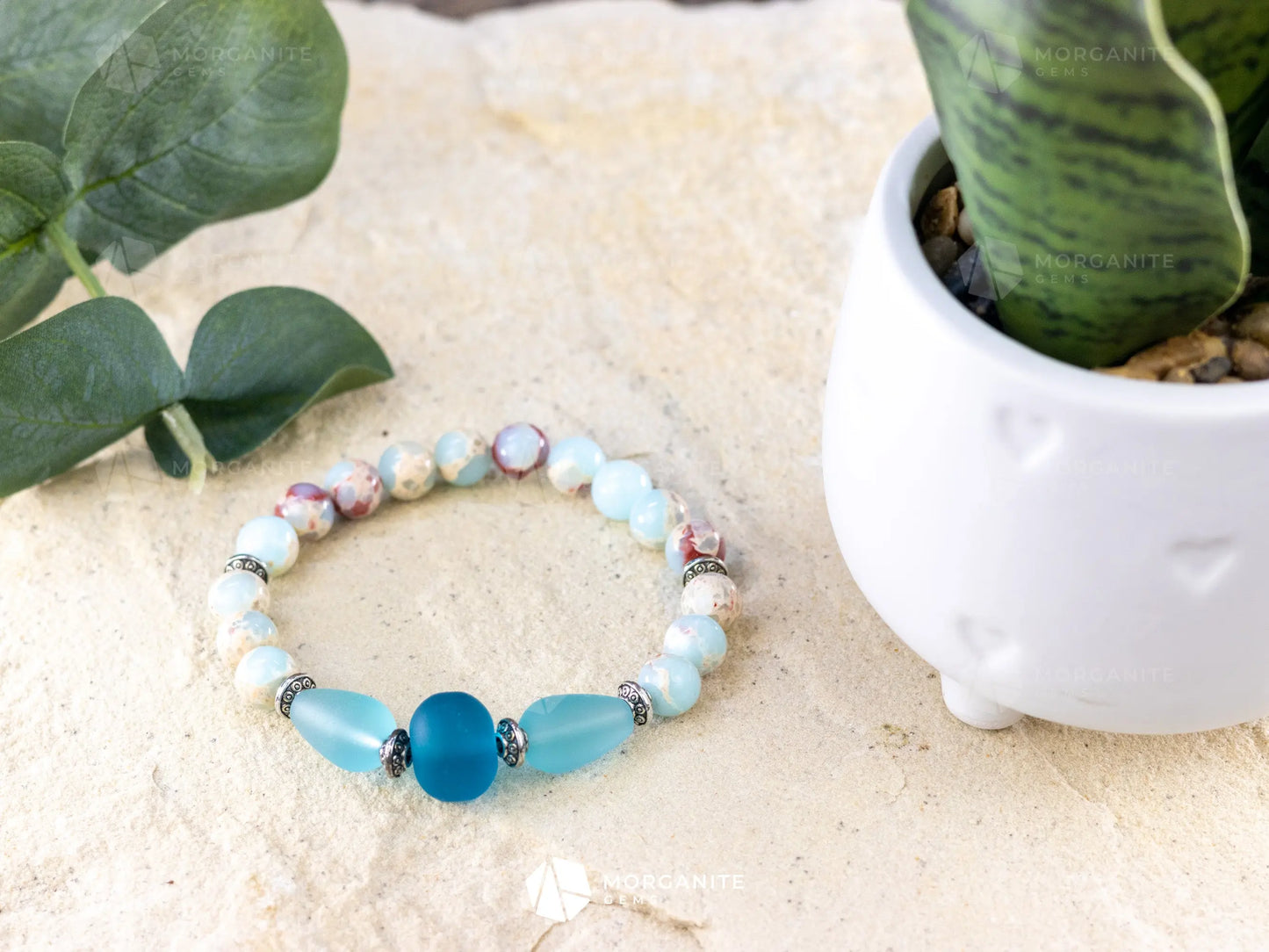 Sky Blue Jasper and Sea Glass Bracelet - Morganite Gems