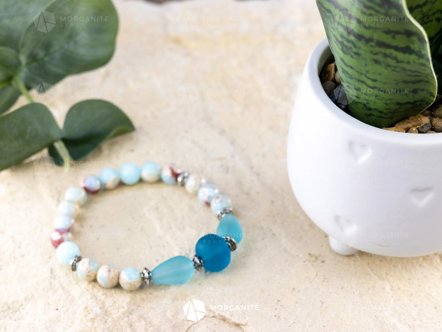 Sky Blue Jasper and Sea Glass Bracelet - Morganite Gems