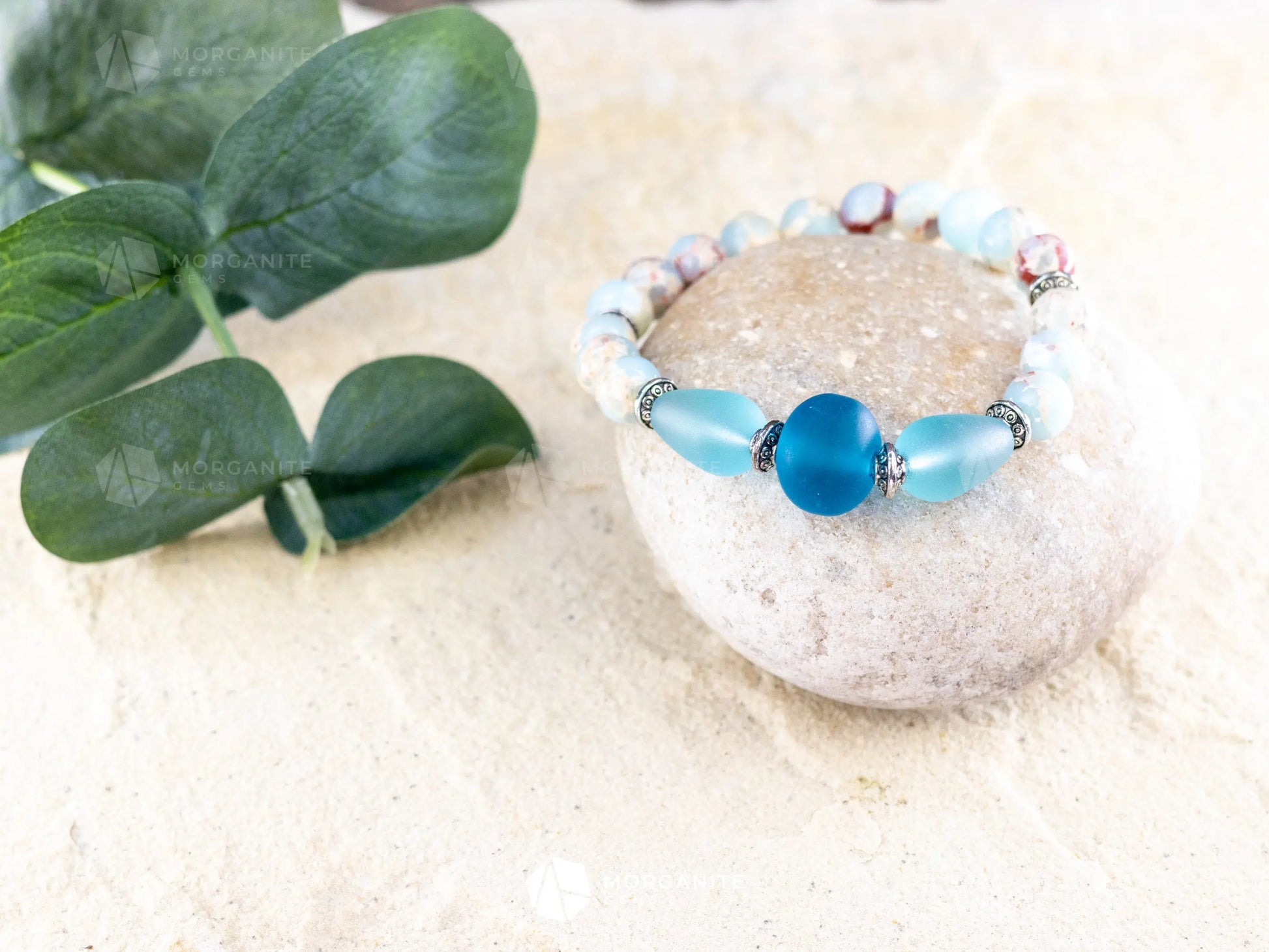 Sky Blue Jasper and Sea Glass Bracelet - Morganite Gems