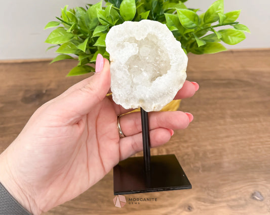 White Geode Specimen on Metal Stand - Morganite Gems