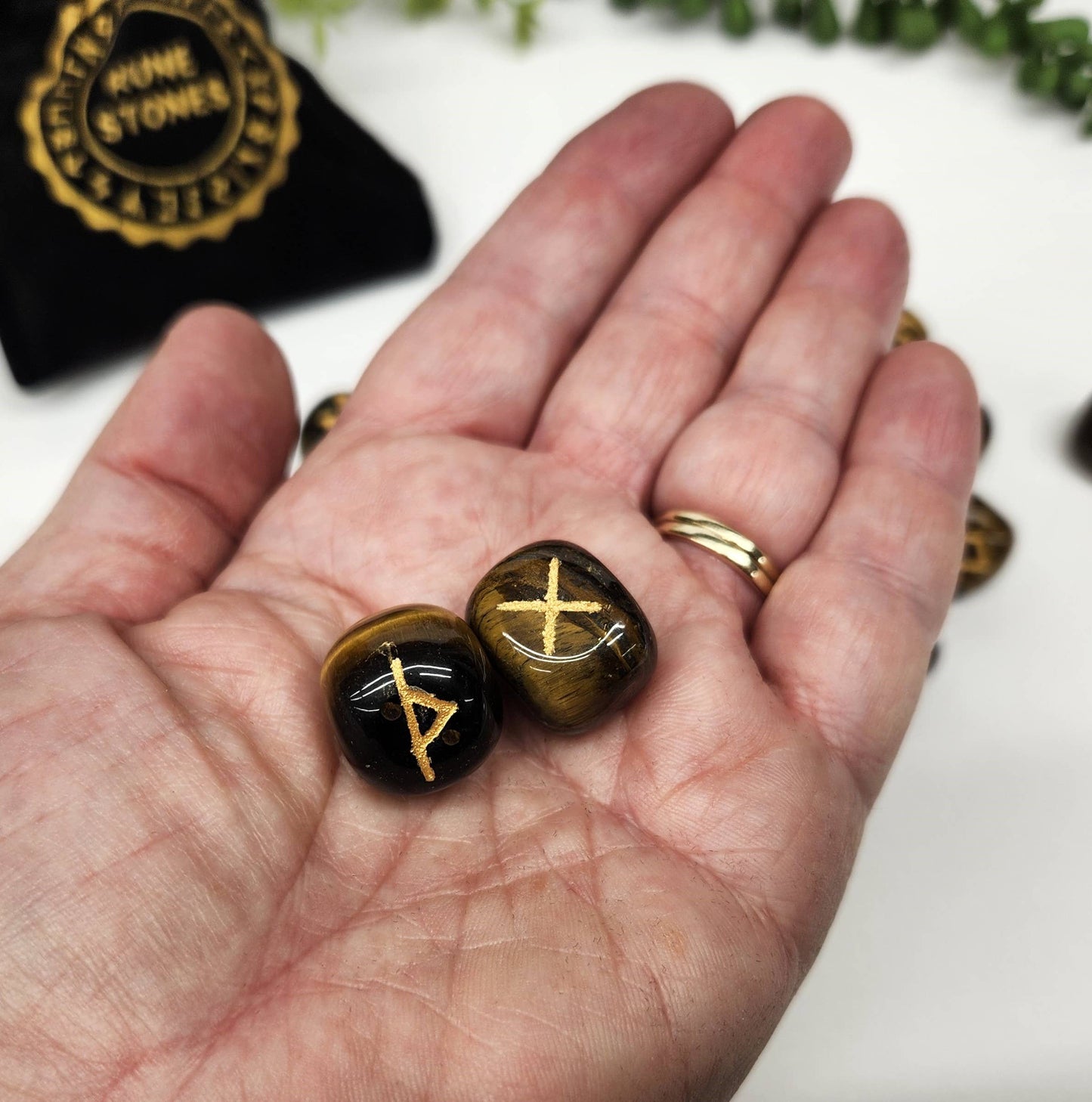 Yellow Tiger Eye Gemstone Rune Sets with Velvet Pouch
