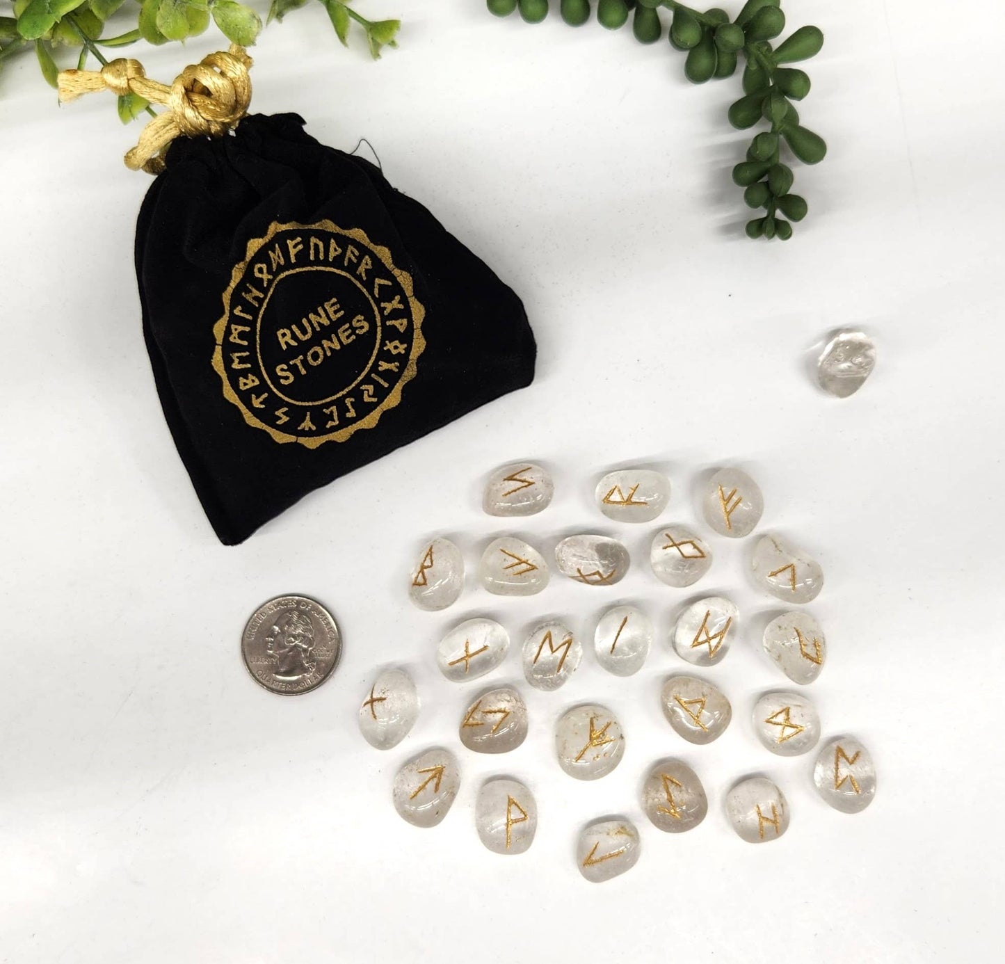 Clear Quartz Gemstone Rune Sets with Velvet Pouch