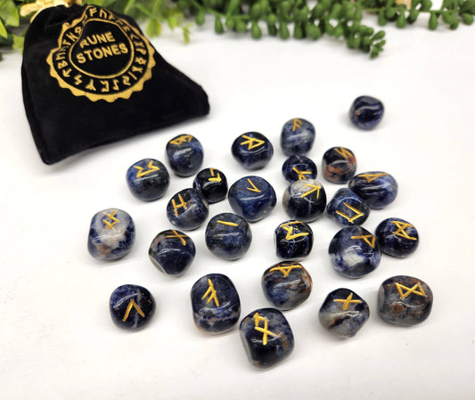 Metaphysical Crystals - Sodalite Semi-Precious Gemstone Rune Sets With Velvet Pouch