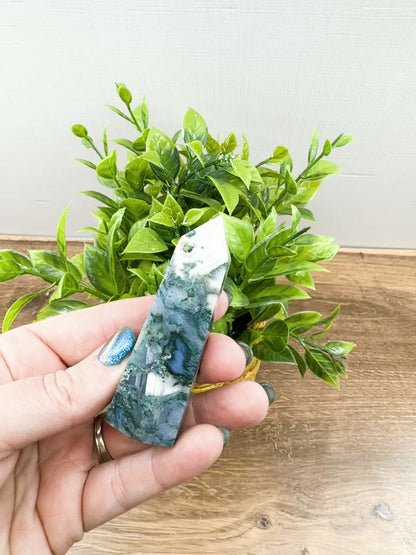Moss Agate Tower Point – Tranquil Earthy Charm for Spiritual Connection