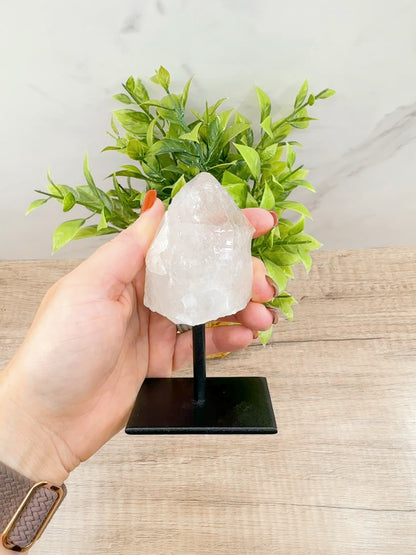 Clear Quartz Point on Metal Stand – Energy Amplifying Crystal for Clarity, Healing & Focus