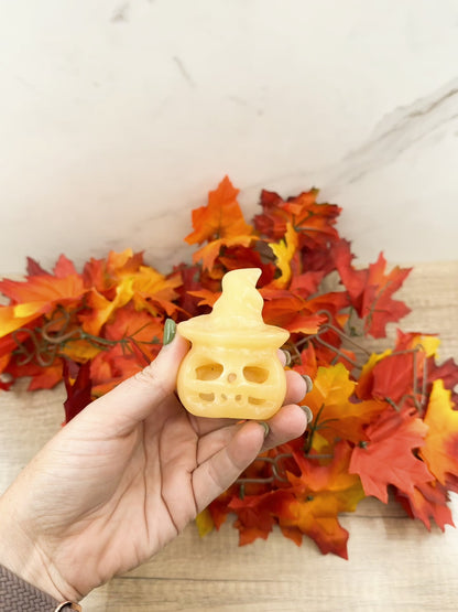 Yellow Calcite Halloween Pumpkin Wizard – Hand-Carved Crystal Decoration