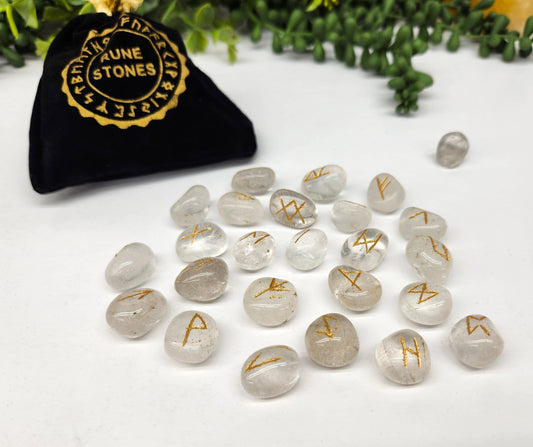 Clear Quartz Gemstone Rune Sets with Velvet Pouch