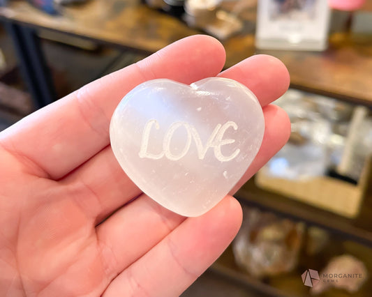 Selenite Heart Love | Selenite Crystal Hearts | Selenite Heart with Love engraved | Love Engraved Selenite | Crystal Valentines Day Gift